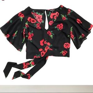Express Black Chiffon Crop with Red Floral